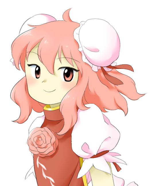 1girl bun_cover closed_mouth double_bun flat_chest flower hair_between_eyes hair_bun ibaraki_kasen medium_hair nonamejd official_style pink_eyes pink_flower pink_hair pink_rose puffy_short_sleeves puffy_sleeves red_tabard rose short_sleeves simple_background smile solo tabard touhou white_background zun_(style)