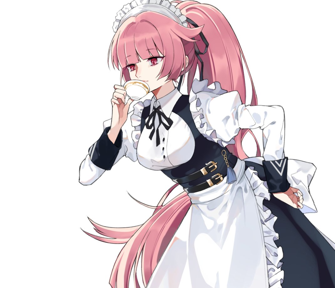 1girl anti-materiel_rifle apron black_dress black_ribbon blunt_bangs breasts cup dress drinking frills girls'_frontline gun hair_ribbon hand_on_own_hip holding holding_cup juliet_sleeves knee_up long_hair long_sleeves lyps maid maid_headdress ntw-20 ntw-20_(girls'_frontline) ntw-20_(the_aristocrat_experience)_(girls'_frontline) official_alternate_costume pink_eyes pink_hair ponytail puffy_sleeves ribbon rifle simple_background sniper_rifle solo very_long_hair weapon white_background