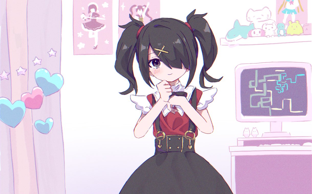 1girl ame-chan_(needy_girl_overdose) black_eyes black_hair black_ribbon black_skirt collared_shirt cowboy_shot curtains hair_ornament hair_over_one_eye hands_up hashtag_only_commentary indoors kabe_(zp66104) long_hair looking_at_viewer monitor neck_ribbon needy_girl_overdose poster_(object) red_shirt ribbon shelf shirt skirt smile solo standing star_(symbol) stuffed_animal stuffed_toy suspender_skirt suspenders twintails x_hair_ornament