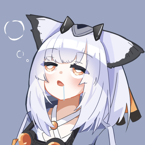 1girl arknights blue_background bright_pupils dot_nose drooling grey_shirt headgear itto_nito lowres medium_hair open_mouth orange_eyes owl_ears owl_girl ptilopsis_(arknights) shirt sleep_bubble solo thick_eyelashes upper_body white_hair white_pupils