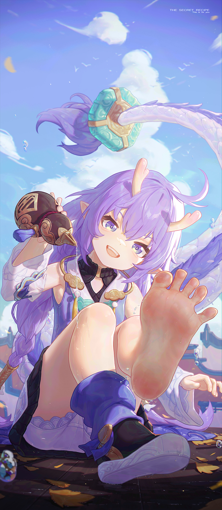 1girl bailu_(honkai:_star_rail) barefoot blue_eyes dragon_girl dragon_horns dragon_tail feet foot_focus highres holding_gourd honkai:_star_rail honkai_(series) horns icecake long_hair looking_at_viewer open_mouth pouring pouring_onto_self sky soles solo tail teeth toes upper_teeth_only