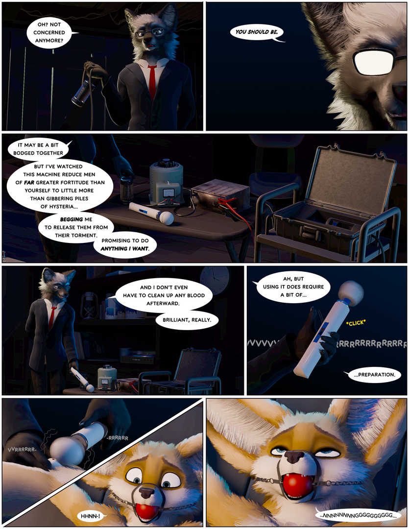animal_genitalia anthro arms_tied ash_(ruaidri) ball_gag bound canid canine canis clothed clothed/nude clothing comic countershading detailed_background dialogue duo english_text eye_roll fennec forced fox fully_sheathed fur gag gagged genitals grey_body grey_fur kyle_(ruaidri) male male/male mammal moan necktie nude onomatopoeia penile penis penis_milking_machine ruaidri sex_toy sheath sound_effects suit_jacket text vibrator vibrator_on_penis white_body white_countershading wolf yellow_body yellow_fur