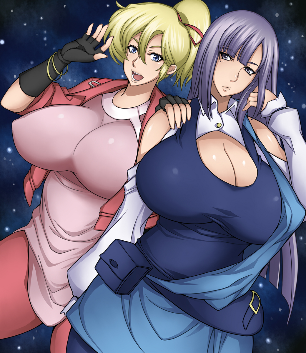 2girls blonde_hair breasts cleavage elle_vianno gundam gundam_zz highres huge_breasts multiple_girls otogi_tetsurou purple_hair roux_louka