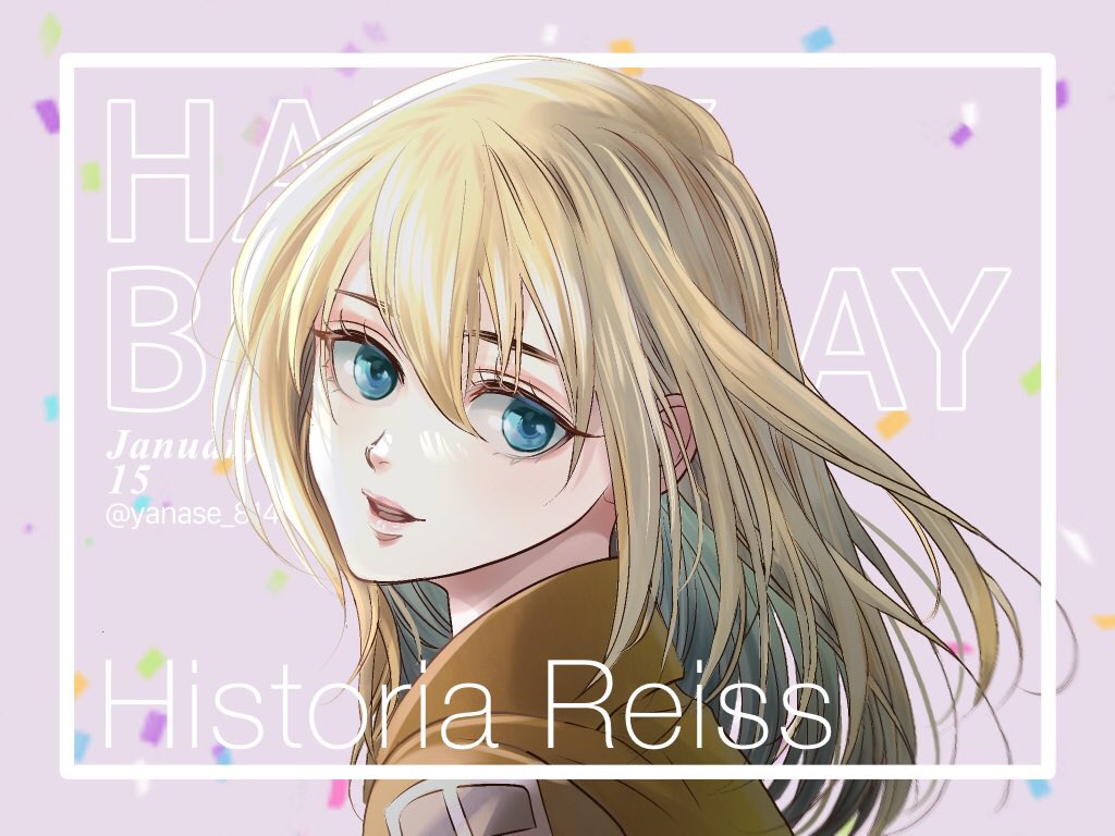 1girl blonde_hair blue_eyes brown_jacket character_name christa_renz commentary_request confetti eyebrows_hidden_by_hair from_side happy_birthday jacket long_hair looking_at_viewer portrait shingeki_no_kyojin solo twitter_username yanase_814