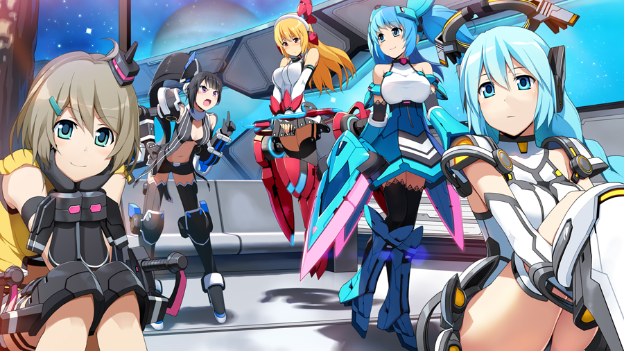 5girls black_bra black_hair blonde_hair blue_eyes blue_hair bra breasts cleavage cosmic_break cosmic_break_2 crimrose fiona_(cosmic_break) grey_hair hands_on_own_chin large_breasts leotard lily_rain long_hair looking_at_viewer lunastasia mecha_musume medium_breasts miia_(cosmic_break_2) multiple_girls navel open_mouth purple_eyes red_eyes short_shorts shorts smile thighhighs underwear very_long_hair wakaba_sprout