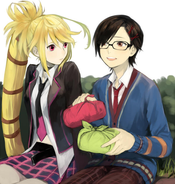 1girl ahoge alternate_costume bad_id bad_pixiv_id belt black_hair blonde_hair glasses gradient_hair green_hair jacket jude_mathis long_hair maruishi milla_maxwell multicolored_hair necktie obentou red_eyes skirt tales_of_(series) tales_of_xillia