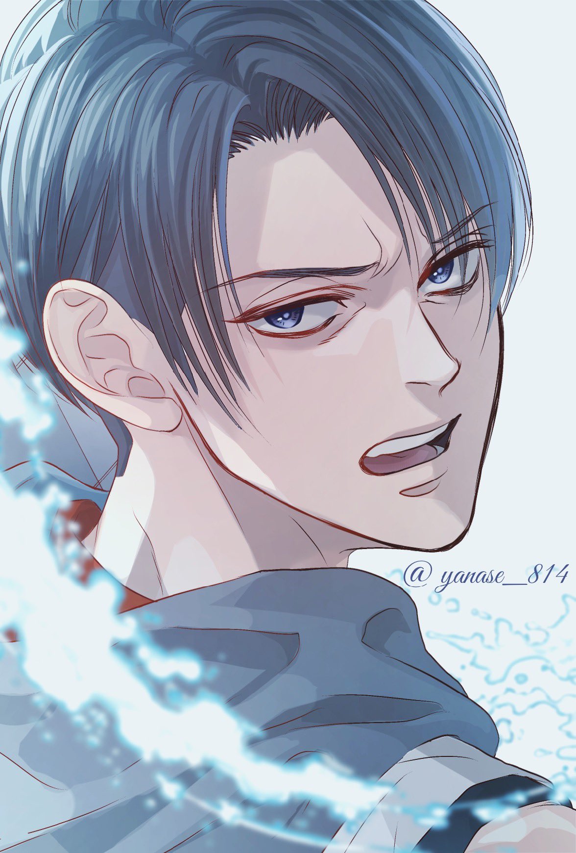 1boy black_hair blue_eyes commentary_request from_behind highres levi_(shingeki_no_kyojin) looking_at_viewer looking_back male_focus open_mouth portrait shingeki_no_kyojin solo splashing twitter_username yanase_814