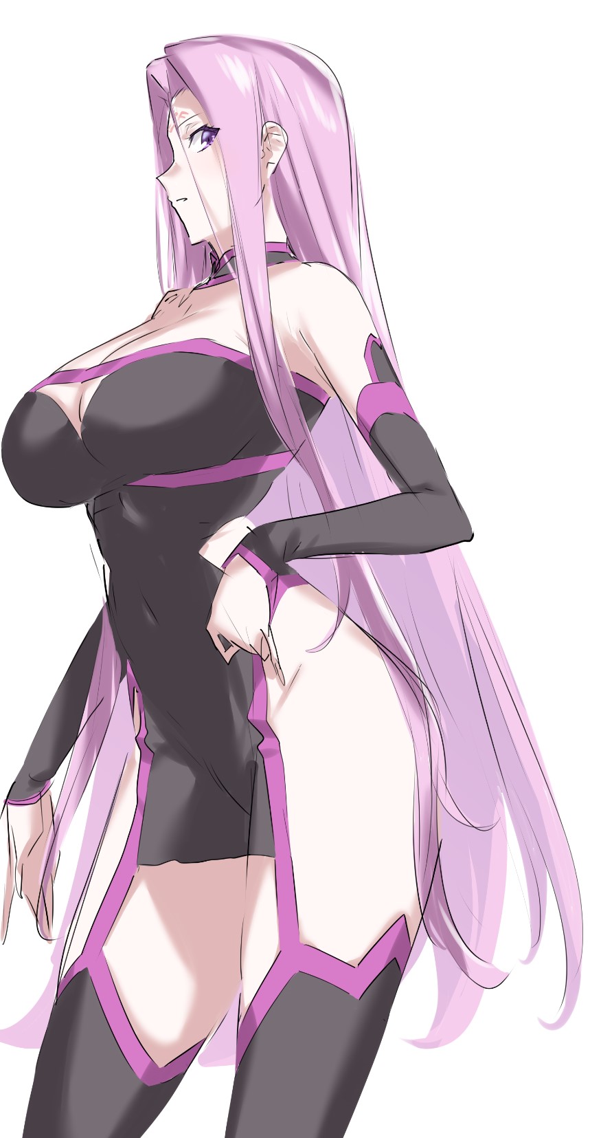 1girl bare_shoulders black_dress black_thighhighs breasts cleavage collar covered_navel detached_sleeves dress facial_mark fate/grand_order fate/stay_night fate_(series) forehead forehead_mark garter_straps highres large_breasts long_hair looking_at_viewer medusa_(fate) medusa_(rider)_(fate) medusa_(rider)_(third_ascension)_(fate) mogi_yasunobu parted_bangs pelvic_curtain purple_eyes purple_hair short_dress side_slit sidelocks solo thighhighs thighs very_long_hair