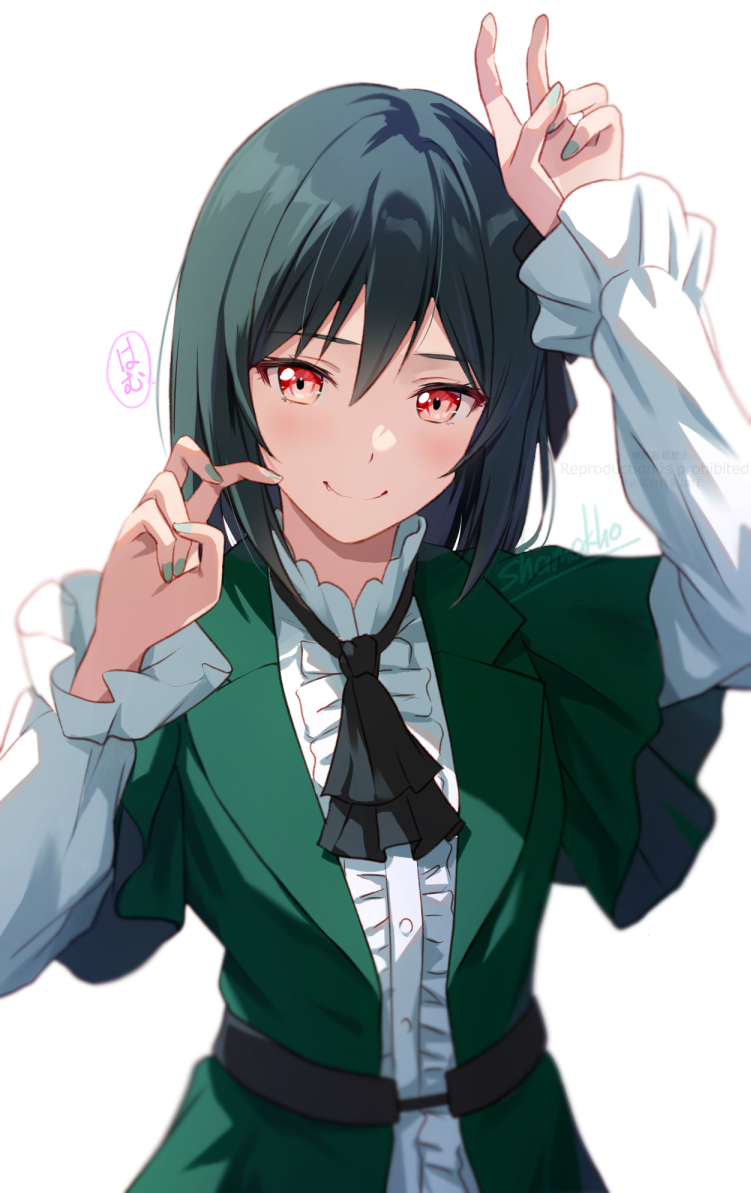 1girl ascot black_ascot blush center_frills closed_mouth dress frilled_sleeves frills green_dress green_hair green_nails hair_between_eyes koufukuron_(love_live!) long_sleeves looking_at_viewer love_live! love_live!_nijigasaki_high_school_idol_club medium_hair mifune_shioriko orange_eyes shamakho shirt signature smile solo translation_request upper_body white_background white_shirt