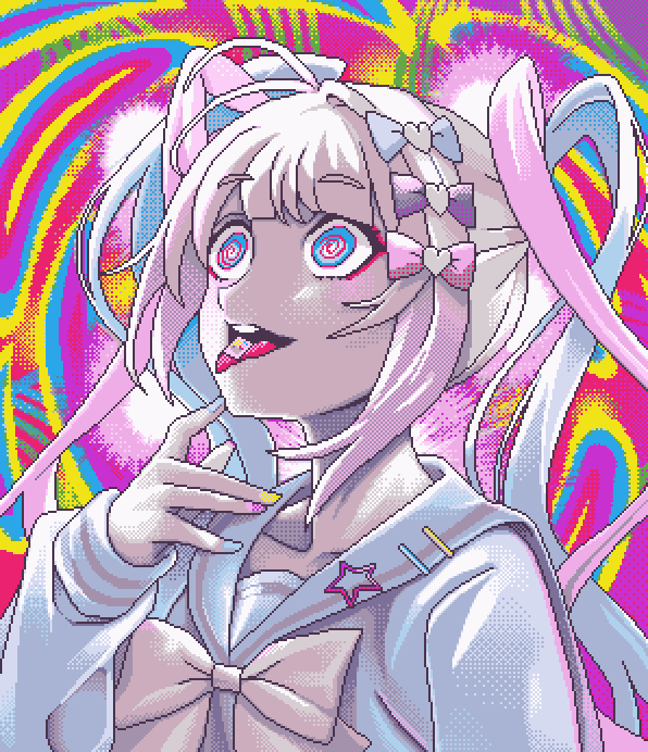 1girl @_@ \||/ abstract_background blonde_hair blue_bow blue_eyes blue_hair blue_serafuku blush bow bowtie chouzetsusaikawa_tenshi-chan collarbone commentary drugged drugs eencya eyeliner hair_bow hand_up long_hair looking_up makeup multicolored_background multicolored_hair multicolored_nails multiple_hair_bows needy_girl_overdose open_mouth pink_bow pink_hair pink_pupils pixel_art purple_bow quad_tails raised_eyebrows red_eyeliner school_uniform second-party_source serafuku single_hair_intake smile solo symbol-only_commentary tongue tongue_out upper_body wide-eyed yellow_bow yellow_bowtie