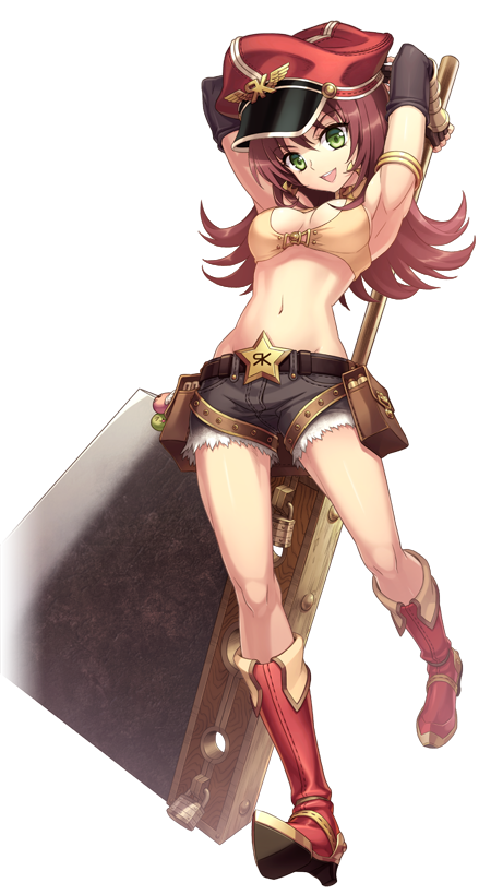 armpits arms_up artist_request axe belt boots breasts brown_hair cleavage cutoffs denim denim_shorts elbow_gloves full_body gloves green_eyes hat huge_weapon legs long_hair medium_breasts official_art ragnarok_online shorts solo source_request tank_top transparent_background weapon whitesmith