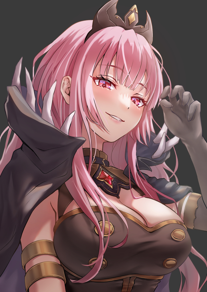 1girl black_cape black_dress blush breasts cape claw_pose cleavage collared_cape dress elbow_gloves gloves grey_background high_collar hololive hololive_english large_breasts long_hair looking_at_viewer mori_calliope mori_calliope_(1st_costume) parted_lips pink_eyes pink_hair rainbow--chaser smile upper_body virtual_youtuber