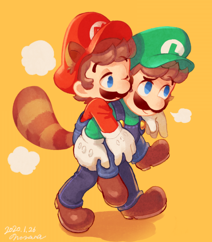 2boys animal_ears artist_name blue_eyes blue_overalls blue_pants brothers brown_footwear brown_hair carrying closed_mouth commentary_request dated facial_hair gloves green_headwear green_shirt hat long_sleeves looking_at_another luigi male_focus mario mario_(series) multiple_boys mustache nonana_(galaxycat89p13) one_eye_closed overalls pants piggyback puff_of_air raccoon_boy raccoon_ears raccoon_tail red_headwear red_shirt shadow shirt shoes short_hair siblings signature simple_background smile smirk super_leaf_(transformation) tail walking white_gloves yellow_background