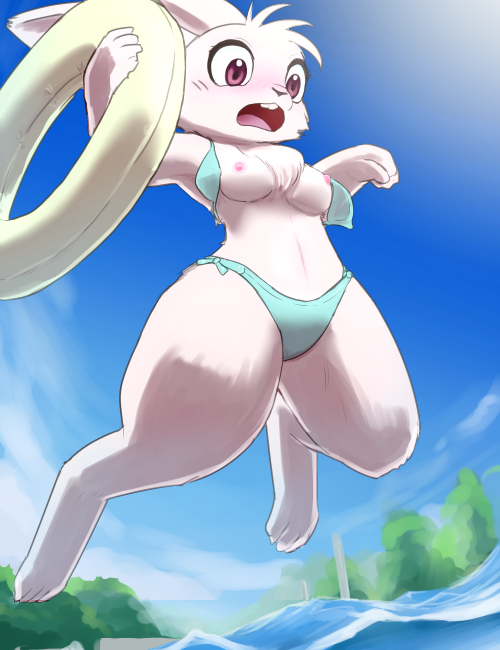 anthro bikini blush breasts buckteeth chest_tuft clothed clothing day diving eyelashes female flotation_device fur inflatable lagomorph leporid mammal midriff navel nipples open_mouth outside paws pool_toy purple_eyes rabbit ryu_masakaze shocked solo swim_ring swimming swimwear teeth thick_thighs tongue topless tuft wardrobe_malfunction water white_body white_fur