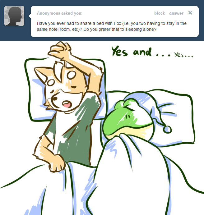 amphibian anthro ask_blog bedding black_nose blanket blue_pajama_hat canid canine clothing duo eyes_closed fox fox_mccloud frog fur green_body green_clothing green_shirt green_skin green_topwear male mammal nintendo open_mouth orange_body orange_fur pajama_hat pillow shirt sleeping slippy_o'donnell slippy_toad star_fox teeth_showing tongue_showing topwear tumblr white_body white_fur