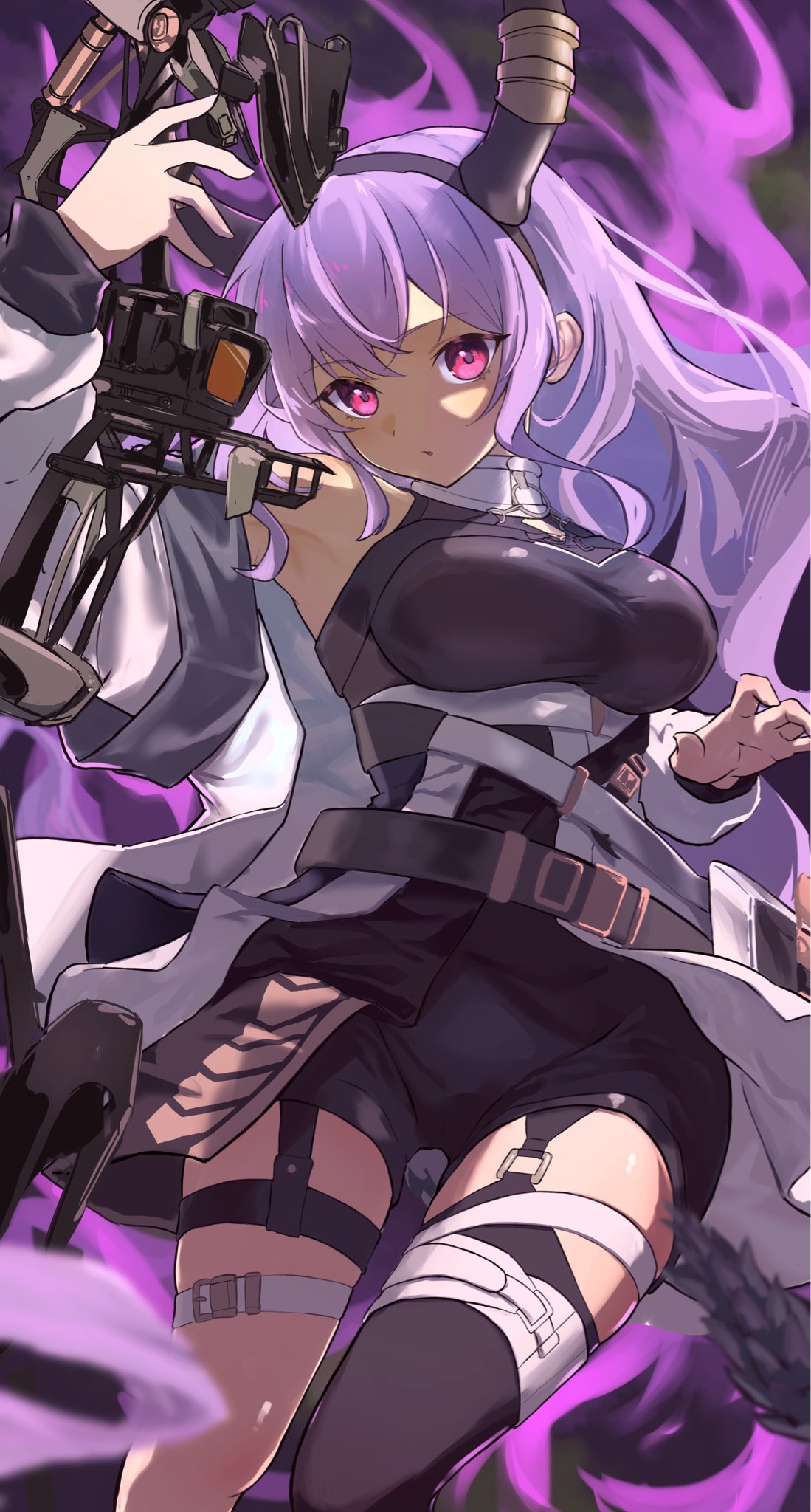 1girl arknights arm_up armpits black_hairband black_shirt black_shorts black_thighhighs bow_(weapon) breasts compound_bow dot_nose fake_horns feet_out_of_frame floating_hair garter_straps hairband highres holding holding_bow_(weapon) holding_weapon horns lamune_otohara large_breasts legs_apart looking_at_viewer parted_lips pink_eyes purple_background purple_hair shirt shorts sidelocks single_thighhigh sleeveless sleeveless_shirt solo thighhighs thighs typhon_(arknights) weapon