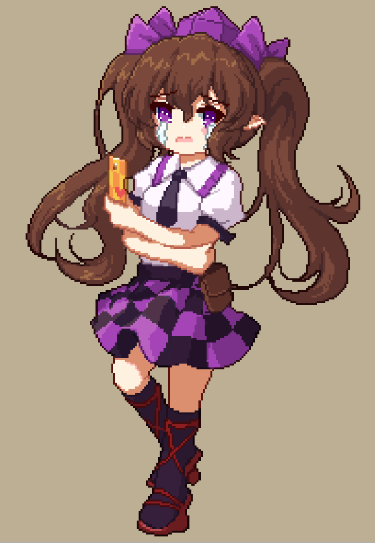 1girl black_necktie black_socks brown_background brown_hair edz_drawz frown full_body geta hat himekaidou_hatate holding holding_phone looking_at_viewer necktie phone pixel_art plaid plaid_skirt pointy_ears purple_eyes purple_headwear shirt short_sleeves skirt socks solo tears tokin_hat touhou twintails white_shirt