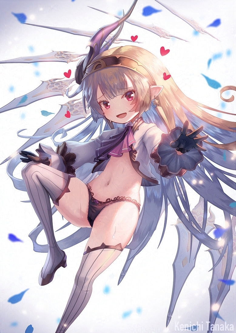 brown_hair earrings gloves granblue_fantasy hair_ornament harvin headband jewelry leg_up long_hair looking_at_viewer maglielle_(granblue_fantasy:_relink) navel open_mouth panties petals pointy_ears red_eyes simple_background sweat sword tanaka_ken'ichi thighhighs underwear weapon white_background