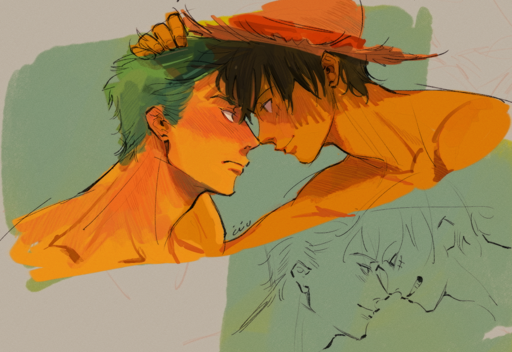 2boys black_eyes black_hair blush couple cropped_torso eye_contact face-to-face forehead-to-forehead green_hair hand_in_another's_hair hat heads_together looking_at_another male_focus monkey_d._luffy multiple_boys one_piece roronoa_zoro scar scar_on_cheek scar_on_face short_hair sideburns simple_background smile straw_hat wuruwan yaoi