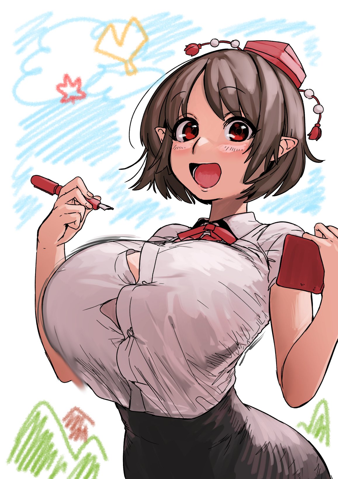 :d breasts brown_hair button_gap child's_drawing hands_up happy hat highres holding holding_notebook holding_pen huge_breasts light_blush notebook open_mouth parted_bangs pen pointy_ears pom_pom_(clothes) red_eyes shameimaru_aya short_hair short_sleeves smile tokin_hat touhou upper_body ushikousen wing_collar