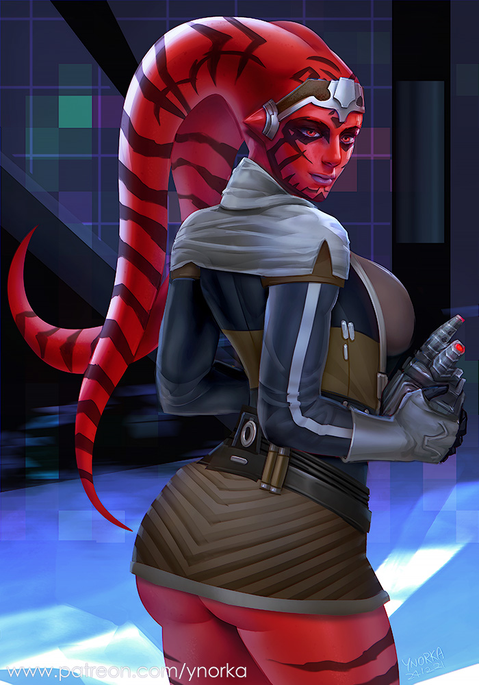 1girl alien artist_name ass breasts brown_skirt colored_skin facing_away gloves indoors jacket large_breasts lekku_(anatomy) microskirt patreon_username red_eyes red_skin skirt solo star_wars tattoo twi'lek watermark web_address ynorka_chiu