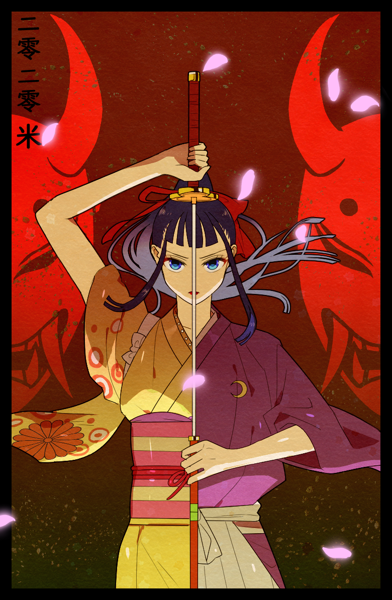 1boy black_border blue_eyes blunt_bangs border commentary_request hair_ribbon holding holding_sword holding_weapon japanese_clothes kikunojo_(one_piece) kimono looking_at_viewer male_focus mask obi one_piece pink_sash ponytail red_background red_lips red_ribbon ribbon s411637 sash sidelocks solo sword upper_body weapon yellow_kimono