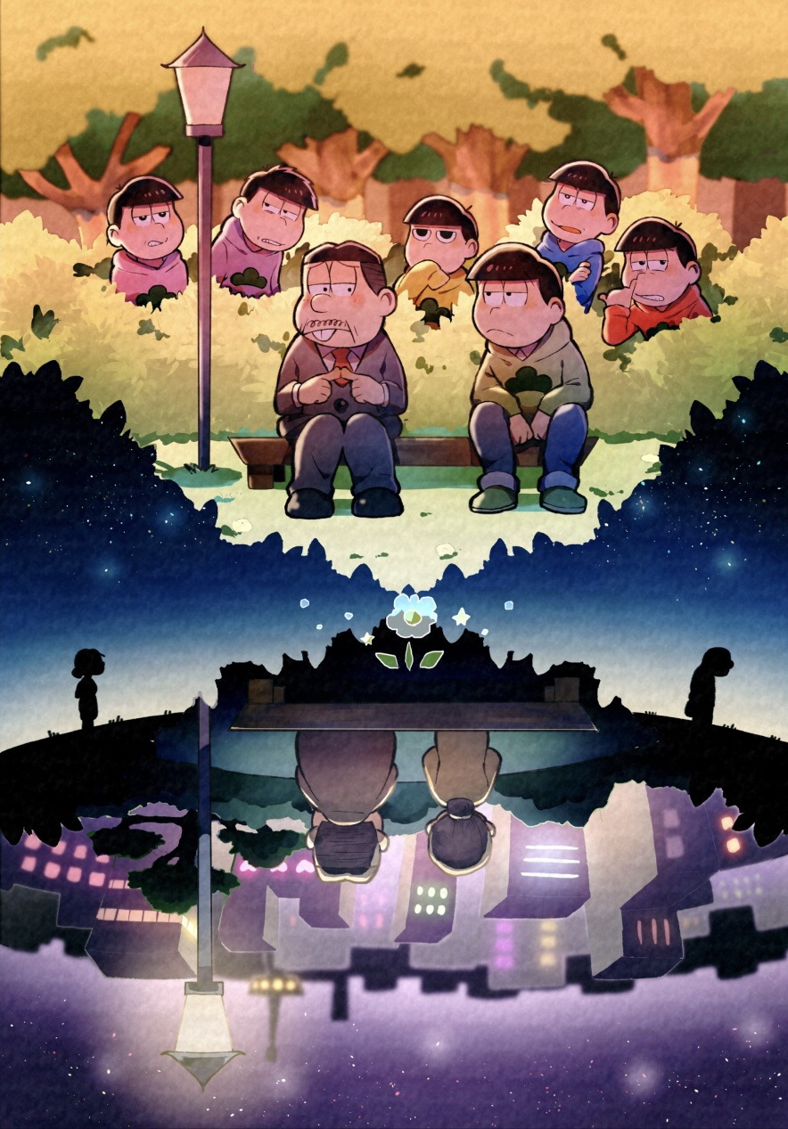 bench blue_hoodie blush brothers buck_teeth bush clenched_teeth covering_own_mouth father_and_son flower green_hoodie half-closed_eyes hand_over_own_mouth highres hood hoodie husband_and_wife matsuno_choromatsu matsuno_ichimatsu matsuno_jyushimatsu matsuno_karamatsu matsuno_matsuyo matsuno_matsuzou matsuno_osomatsu matsuno_todomatsu multiple_views necktie nose_picking open_mouth osomatsu-san ouka_(stan) pink_hoodie purple_hoodie red_hoodie red_necktie rotational_symmetry sextuplets siblings sitting sleeves_past_fingers sleeves_past_wrists suit teeth twiddling_fingers upside-down yellow_hoodie