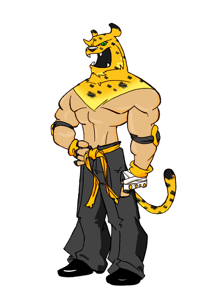 belt biceps clothing feline fingerless_gloves footwear fur gloves green_eyes human jaguar juangaz king_(tekken) leopard male mammal mask muscles open_mouth pants pecs plain_background pose shoes solo stylized tail teeth tekken topless white_background