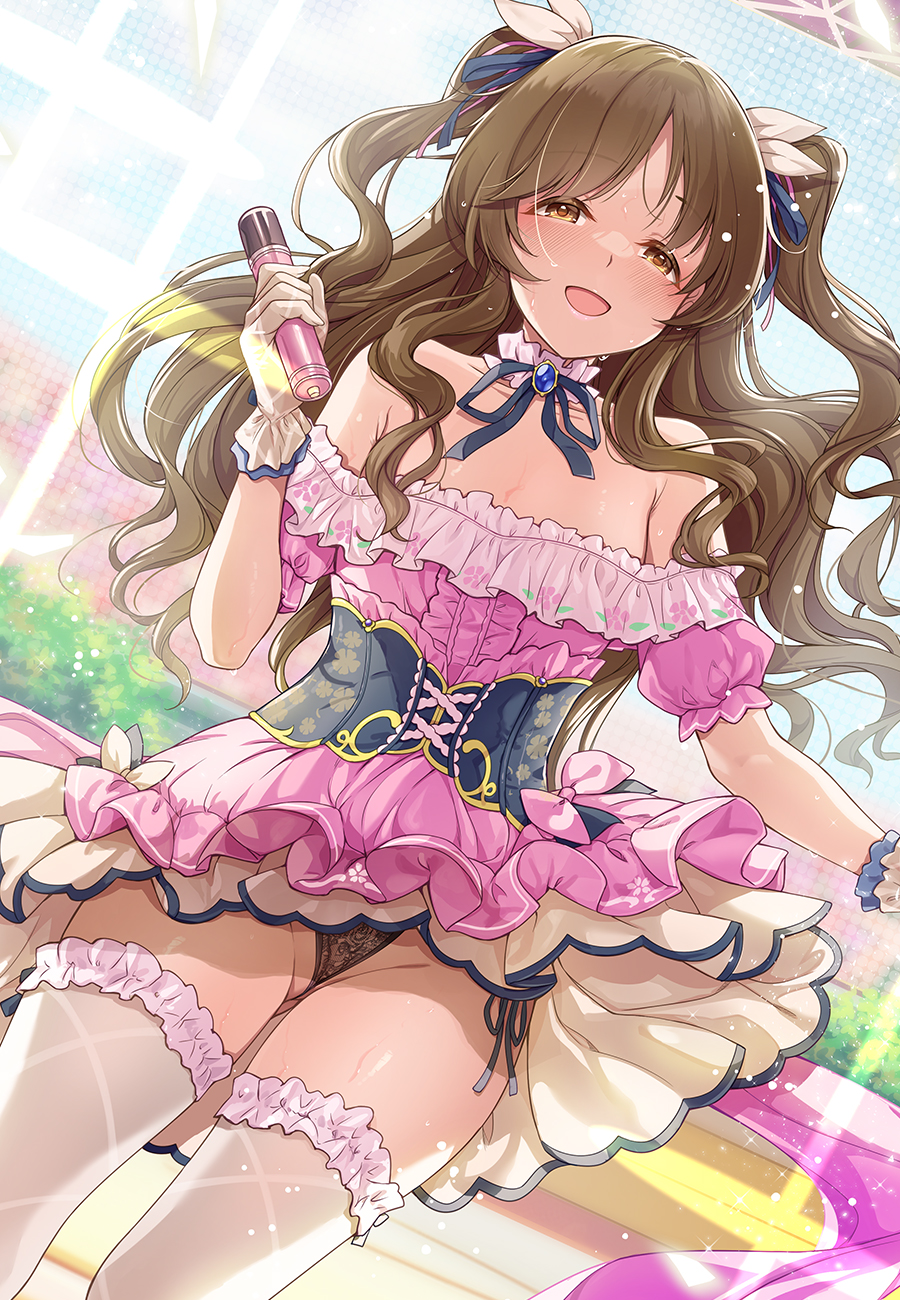 1girl ass_visible_through_thighs bare_shoulders black_panties blush brown_hair choker corset dress dutch_angle feet_out_of_frame frilled_choker frilled_dress frills gloves groin highres holding holding_microphone idol_clothes idolmaster idolmaster_cinderella_girls looking_at_viewer micro_panties microphone mk_(mod0) neck_ribbon off-shoulder_dress off_shoulder panties pantyshot pink_dress ribbon side-tie_panties smile solo sweat takamori_aiko thighhighs two_side_up underwear white_gloves white_thighhighs