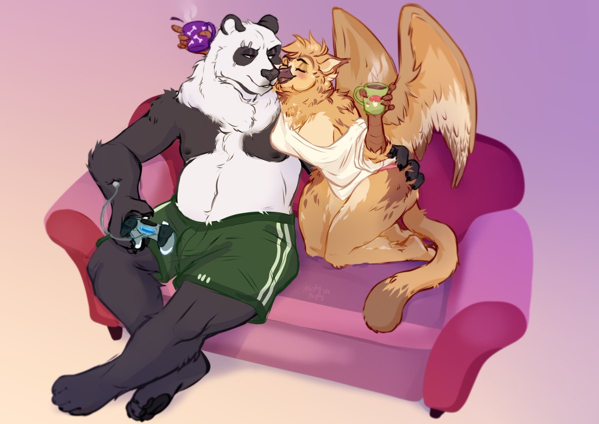 anthro avian bear boxers_(clothing) breasts butt butt_grab clothed clothing controller crossed_legs duo eyes_closed feathered_wings feathers felid feline female furniture game_controller giant_panda gryphon hand_on_butt holidays hybrid kneeling larger_male love male male/female mammal mug mythological_avian mythology nastypasty nipples no_bra nuzzling off_shoulder pallas's_cat panties polar_bear romantic romantic_couple sad_panda_in_snow shirt size_difference slightly_chubby sofa sona_(noxiis) topless topwear underwear underwear_only ursine valentine's_day western_screech_owl wings