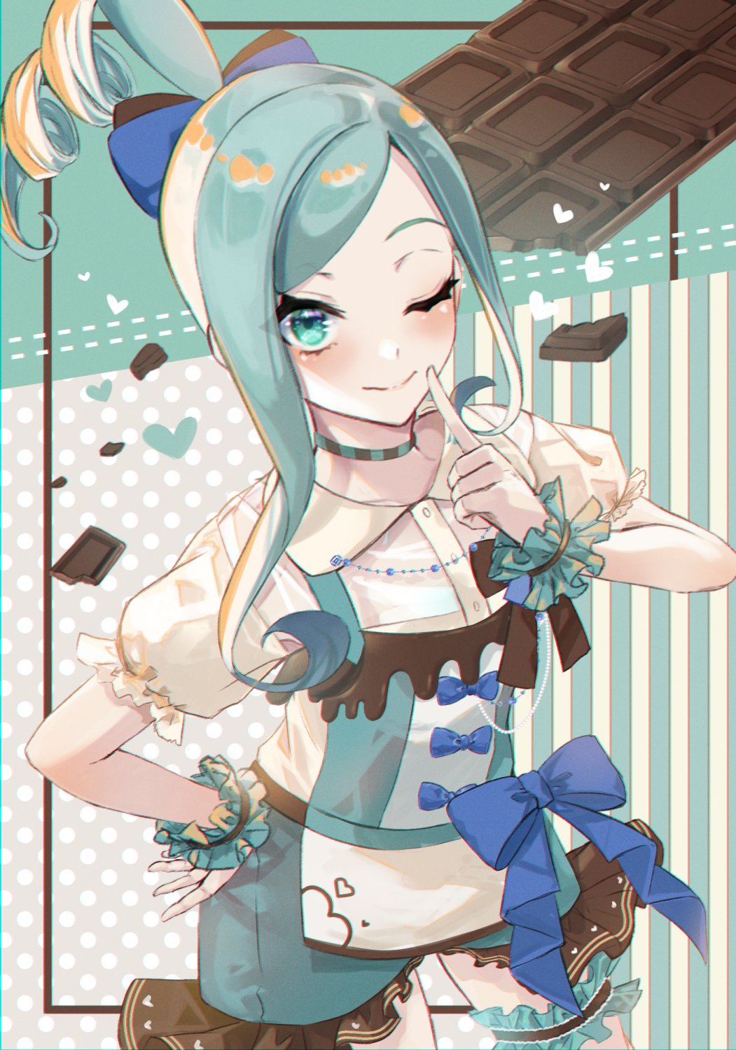 1girl ;) alternate_costume apron blue_bow blush bow bridal_garter buttons candy chocolate chocolate_bar choker closed_mouth collared_shirt commentary_request cowboy_shot eyelashes food green_eyes green_hair hair_bow hand_on_own_hip hand_up heart highres index_finger_raised lisia_(pokemon) looking_at_viewer one_eye_closed pokemon pokemon_oras shirt short_sleeves smile solo ssn_(sasa8u9r) wrist_cuffs
