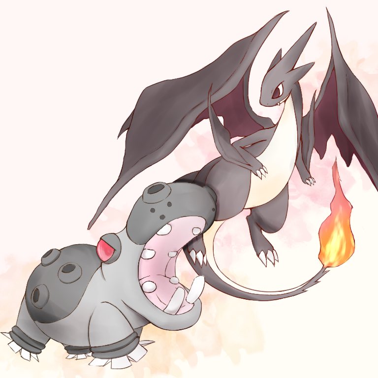 alternate_color animal_focus black_skin charizard claws colored_skin dragon_wings fangs fire fireblast floating hippopotamus hippowdon mega_charizard_y multicolored_background no_humans open_mouth pokemon pokemon_(creature) red_eyes shiny_pokemon tail teeth white_background wings