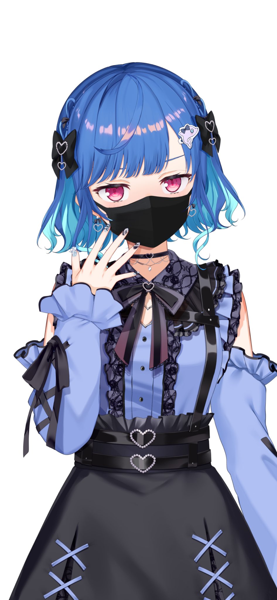 1girl ahoge black_bow black_choker black_skirt blue_hair blue_shirt bow choker clothing_cutout commentary_request cowboy_shot dolphin_hair_ornament ear_piercing earrings hair_bow hair_ornament hand_up highres industrial_piercing jewelry jirai_kei long_sleeves looking_at_viewer mask mouth_mask multicolored_nails nail_polish nijisanji nishizono_chigusa nishizono_chigusa_(jirai_kei) official_alternate_costume official_art piercing purple_eyes shirt short_hair shoulder_cutout sidelocks simple_background skirt solo two_side_up virtual_youtuber white_background