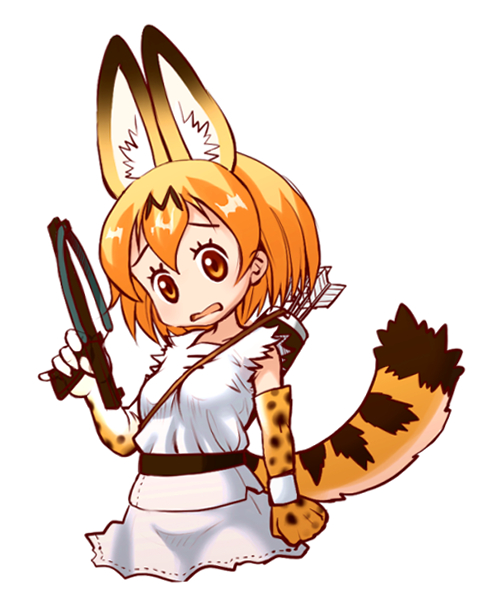 1girl animal_ear_fluff animal_ears apollo_(cheetahmen) apollo_(cheetahmen)_(cosplay) arrow_(projectile) between_breasts blonde_hair breasts cheetahmen commentary_request cosplay cropped_torso crossbow dougi elbow_gloves gloves hair_between_eyes holding holding_crossbow holding_weapon kaos kemono_friends looking_at_viewer open_mouth orange_eyes orange_gloves quiver serval_(kemono_friends) serval_print shirt short_hair simple_background sleeveless sleeveless_shirt solo strap_between_breasts tail weapon white_background white_gloves white_shirt