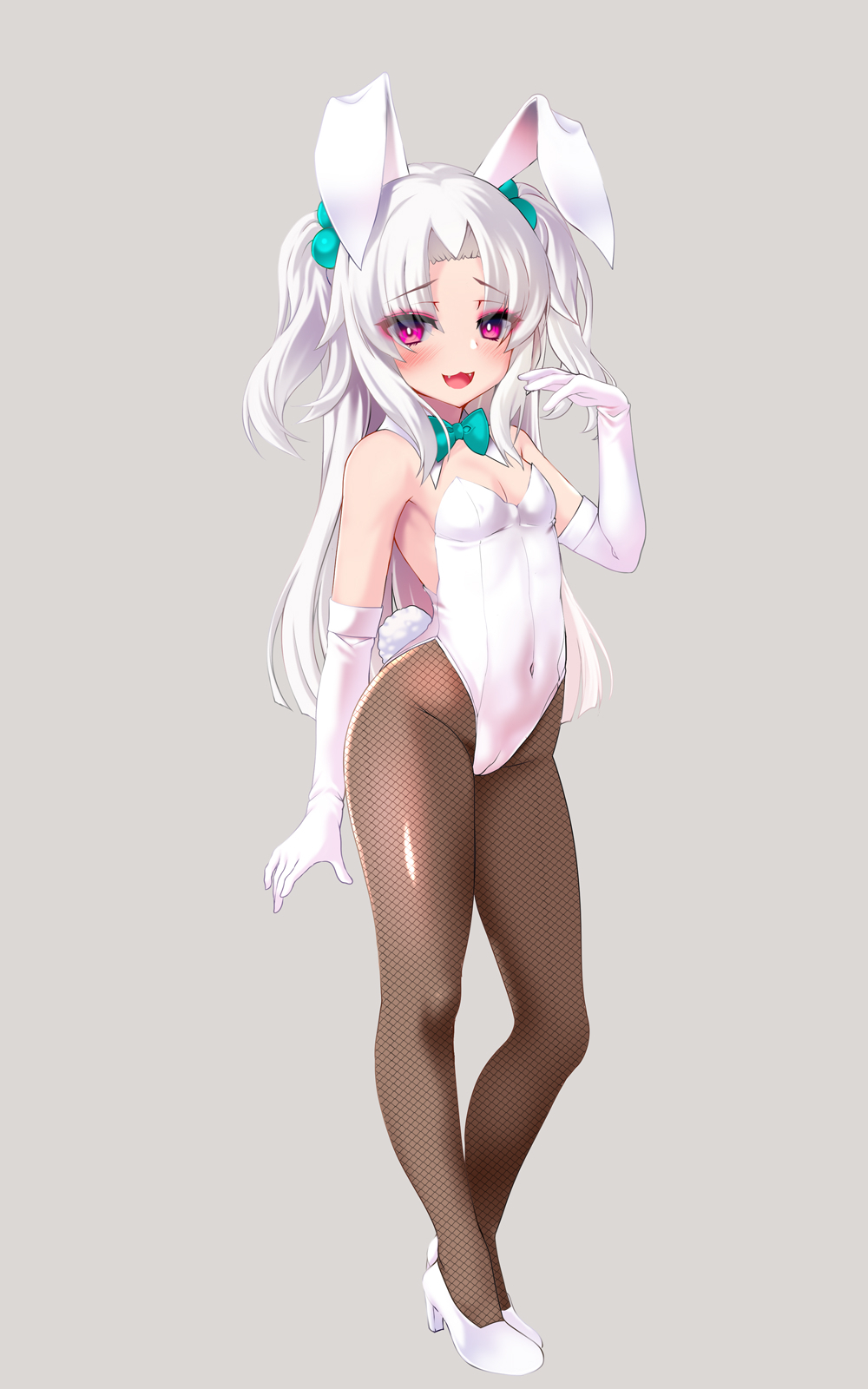 :3 animal_ears aqua_bow aqua_bowtie black_pantyhose bow bowtie breasts detached_collar fishnet_pantyhose fishnets full_body gloves grey_background hair_bobbles hair_ornament highres leotard long_hair okuri_banto open_mouth original pantyhose playboy_bunny purple_eyes rabbit_ears rabbit_tail simple_background small_breasts smile standing tail two_side_up white_footwear white_gloves white_hair white_leotard wrist_cuffs