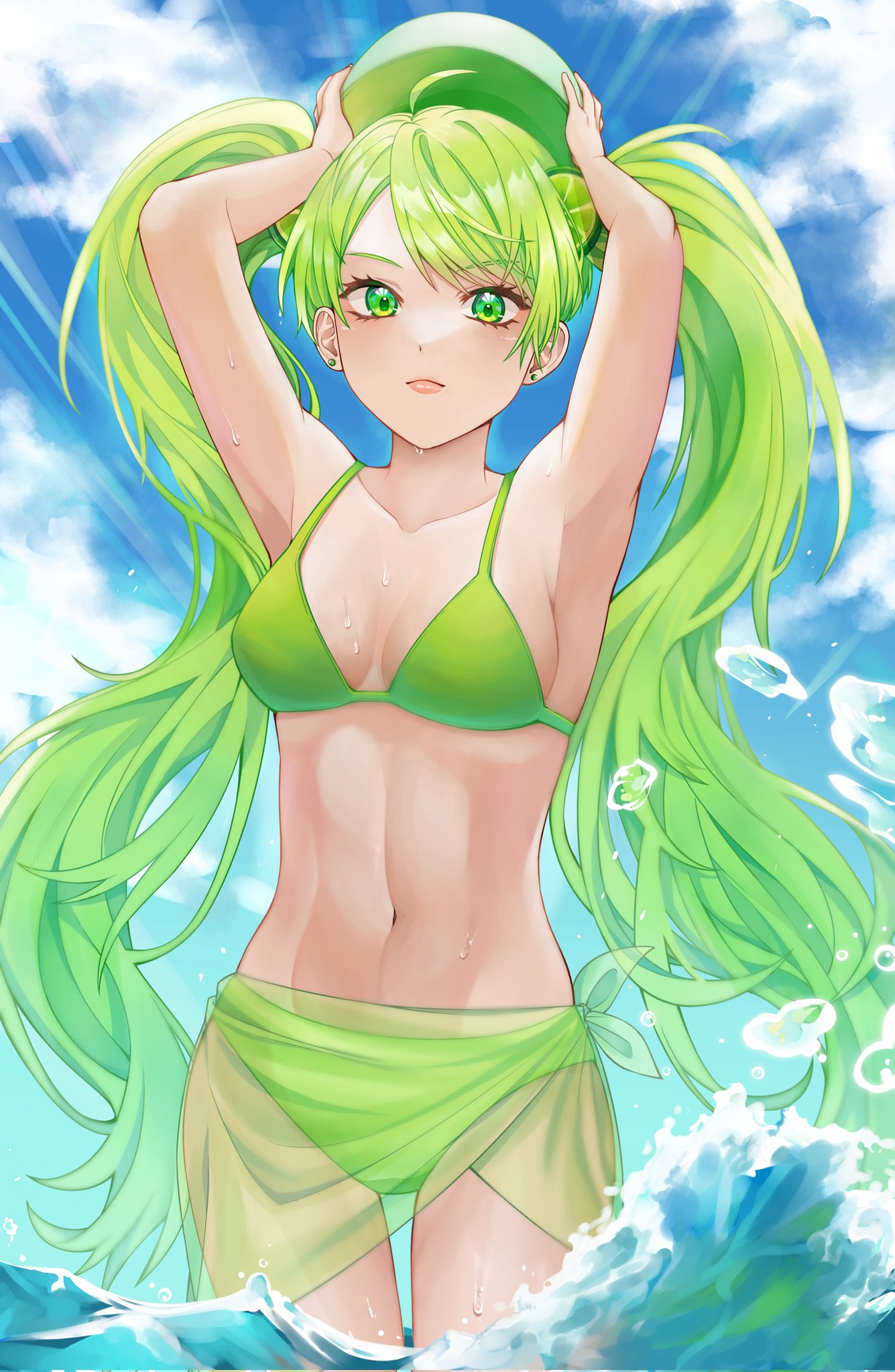 1girl armpits arms_up ball beachball bikini breasts carrying_overhead contrapposto cookie_run cowboy_shot floating_hair food fruit green_bikini green_eyes green_hair green_theme hair_ornament highres humanization lime_(fruit) lime_cookie long_hair navel ol_nang original parted_lips sarong see-through simple_background sky small_breasts solo standing swept_bangs swimsuit thigh_gap twintails very_long_hair water