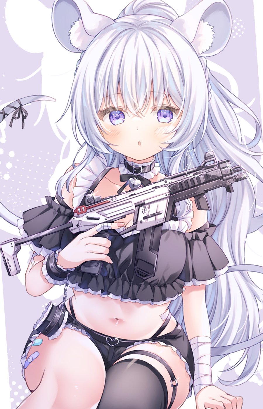 1girl :c animal_ears apex_legends arm_at_side bandaged_arm bandages bare_shoulders black_collar black_shirt black_shorts black_thighhighs blush collar collarbone cowboy cropped_shirt crossed_bangs dot_nose frilled_collar frills gun hair_between_eyes highres holding holding_gun holding_weapon indie_virtual_youtuber kisukekun legs_together long_hair looking_at_viewer midriff mouse_ears mouse_girl navel off-shoulder_shirt off_shoulder open_mouth outline purple_background purple_eyes r-99_smg shirt short_shorts shorts sidelocks simple_background single_thighhigh solo stomach submachine_gun thighhighs weapon white_hair white_outline yamane_nemu_(vtuber)