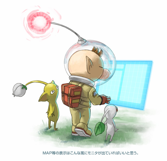 1boy backpack bag big_nose black_eyes brown_hair bud closed_eyes colored_skin commentary_request from_side gloves grass helmet holographic_monitor leaf looking_at_another looking_at_object male_focus naru_(wish_field) no_mouth olimar patch pikmin_(creature) pikmin_(series) pointy_ears radio_antenna red_bag red_eyes red_gloves red_light short_hair simple_background solid_circle_eyes space_helmet spacesuit translation_request very_short_hair white_background white_pikmin white_skin yellow_pikmin yellow_skin