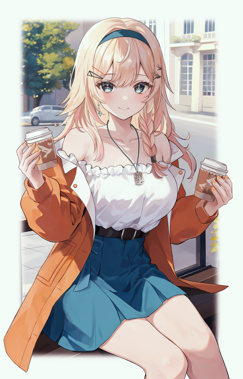 1girl arched_window aria_(ariacue) awning bare_shoulders belt bench black_belt blonde_hair blue_eyes blue_hairband blue_skirt blush breasts building buttons car closed_mouth coffee coffee_cup collarbone commentary_request cup day disposable_cup feet_out_of_frame hair_ornament hairband hairclip heart highres holding holding_cup indie_virtual_youtuber jacket jewelry lamp looking_at_viewer medium_breasts motor_vehicle necklace off-shoulder_shirt off_shoulder on_bench open_clothes open_jacket orange_jacket outdoors plant planter railing revision road shirt shirt_tucked_in sitting skirt smile solo tree tsubame_(vtuber) virtual_youtuber white_shirt window