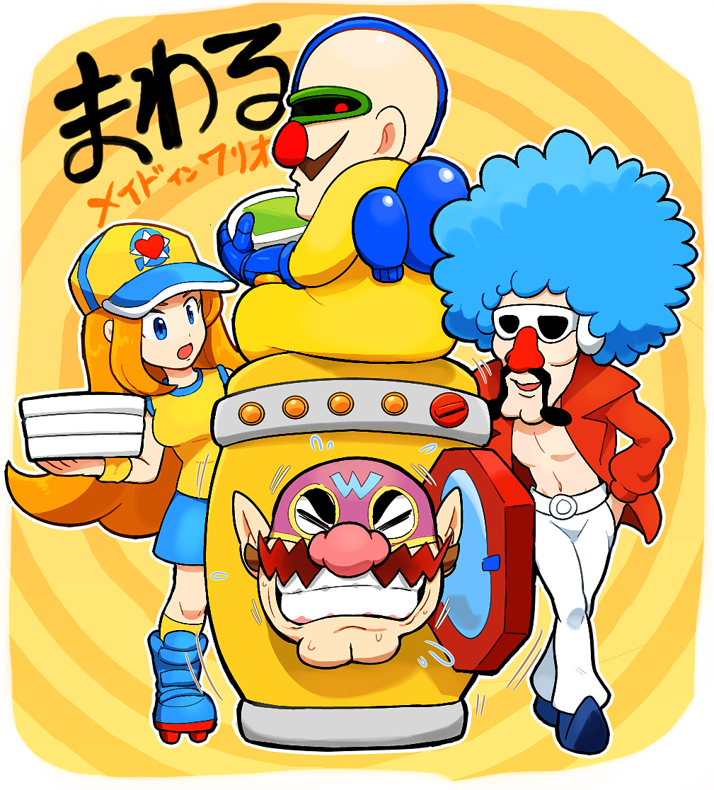 1girl 3boys baseball_cap blue_eyes blue_hair blue_skirt clenched_teeth dr._crygor facial_hair hat hoshi_(star-name2000) jacket jimmy_t mona_(warioware) multiple_boys mustache open_clothes open_jacket orange_hair pants pizza_box red_jacket roller_skates shirt skates skirt teeth wario wario-man warioware warioware:_twisted! white_pants wristband yellow_shirt yellow_wristband