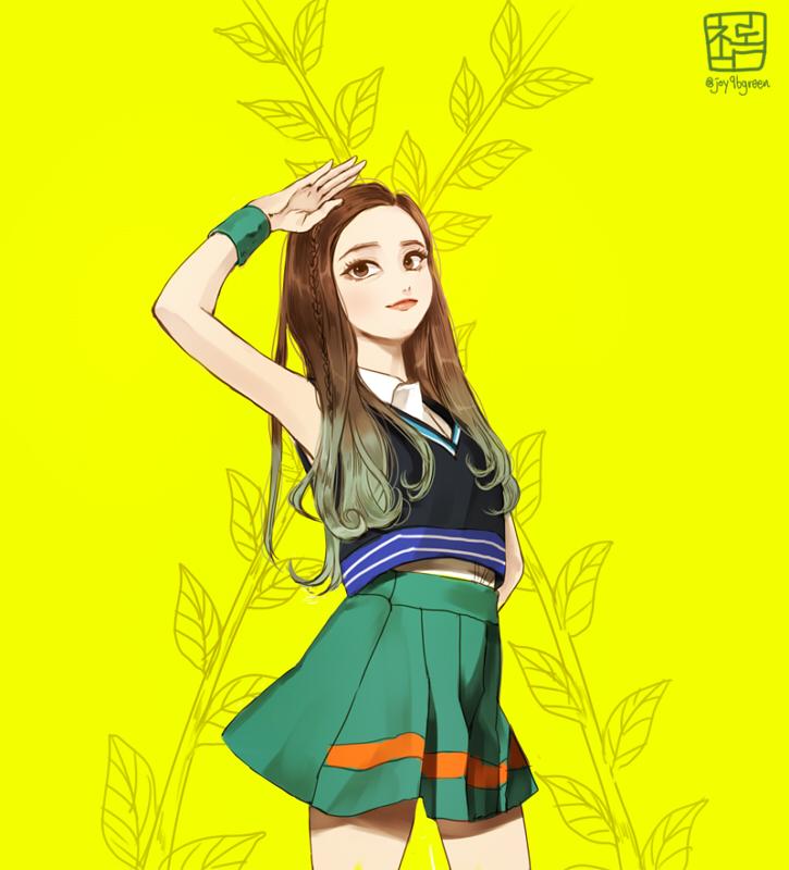 1girl animification arm_up braid brown_eyes brown_hair commentary_request cowboy_shot crop_top green_hair green_skirt green_wristband hand_on_own_hip high-waist_skirt joy96green joy_(red_velvet) k-pop korean_commentary long_hair looking_to_the_side miniskirt multicolored_hair real_life red_velvet_(group) skirt smile solo two-tone_hair wristband yellow_background