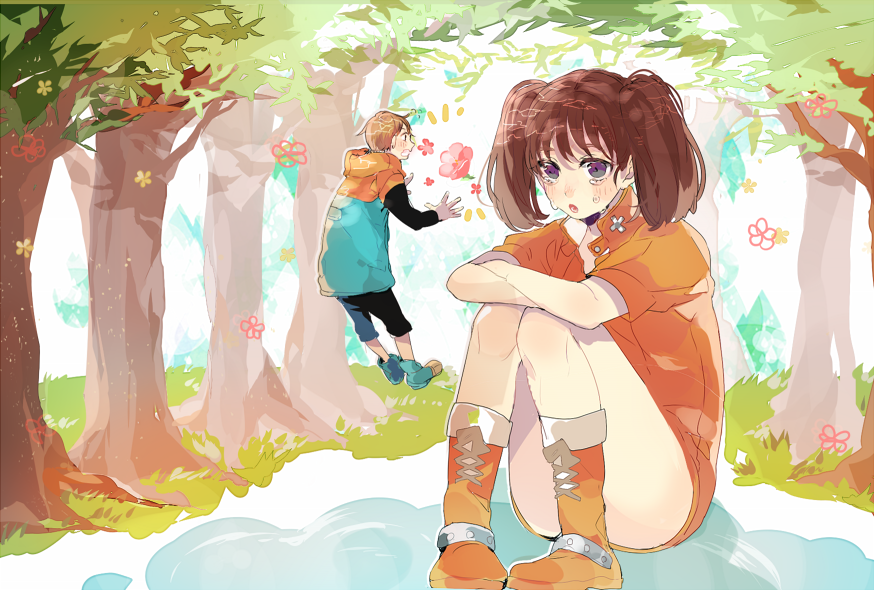 1boy 1girl :o bare_legs blush boots brown_hair day diane_(nanatsu_no_taizai) floating flower forest giant giantess gloves grass hood hood_down jacket king_(nanatsu_no_taizai) looking_at_another nanatsu_no_taizai nature open_mouth orange_footwear orange_shirt outdoors pants pink_flower prin_dog puffy_sleeves purple_eyes reflection shirt short_hair short_sleeves sitting size_difference tree twintails