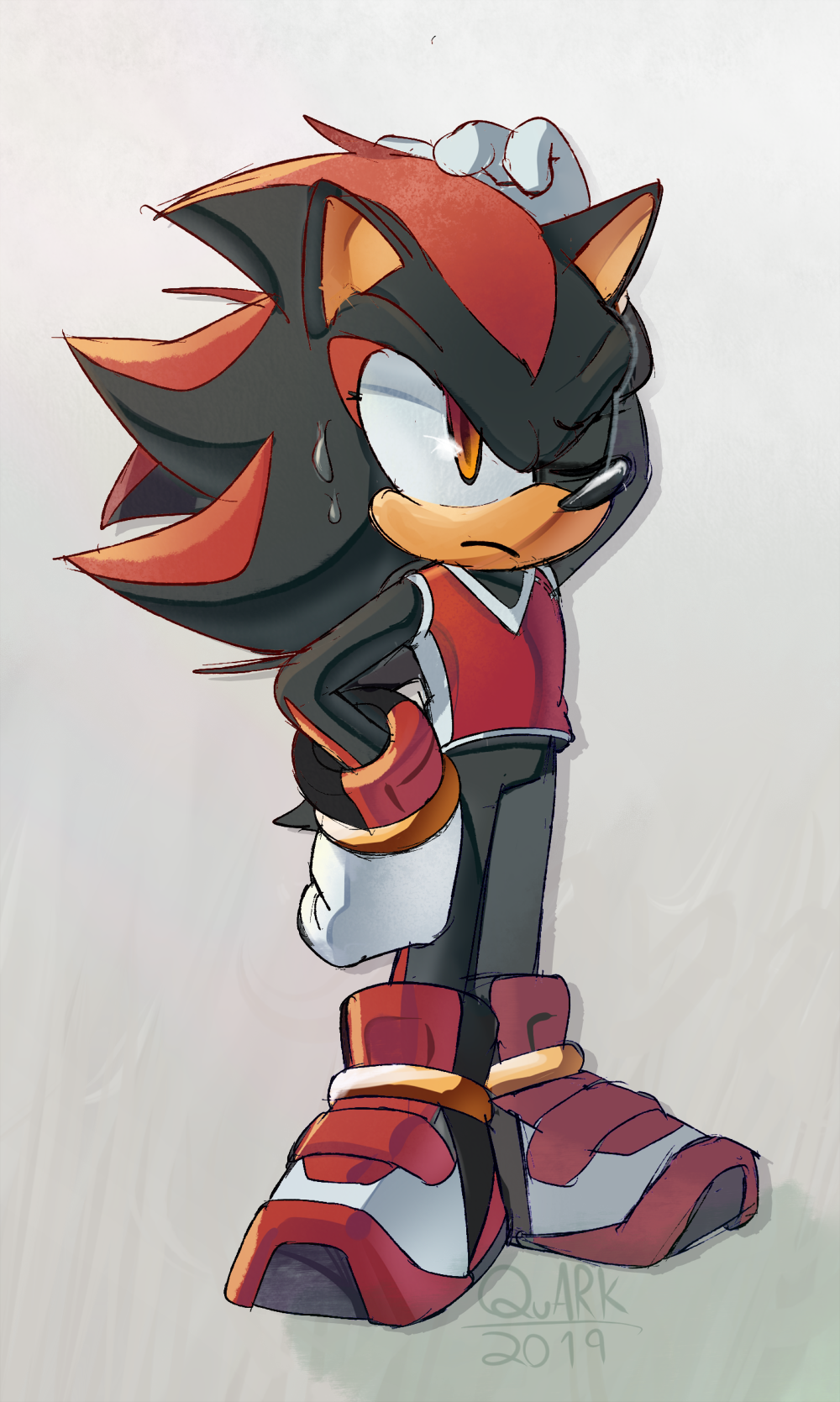 1boy 2019 full_body gloves grey_background hand_on_own_hip highres male_focus mario_&amp;_sonic_at_the_olympic_games mario_(series) one_eye_closed orange_eyes quark196 shadow_the_hedgehog signature sonic_(series) wet white_gloves