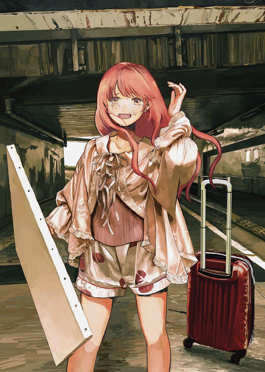 1girl bnbnfumiya bridge canvas_(object) feet_out_of_frame frilled_shirt frills grey_eyes highres long_hair long_sleeves original polka_dot polka_dot_shorts red_hair shadow shirt shorts solo suitcase tears under_bridge