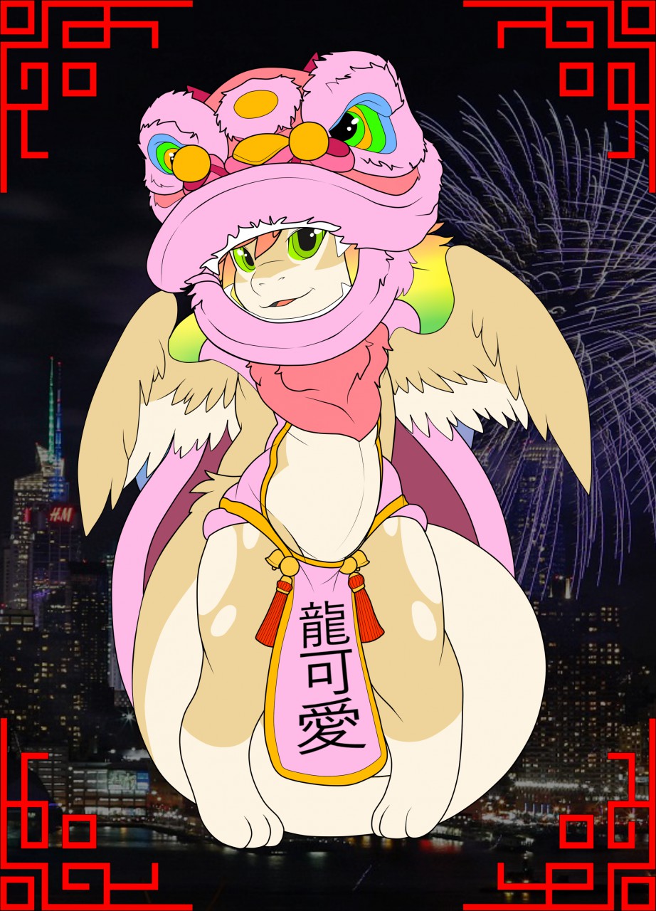 anthro bottomwear chinese_new_year chinese_text clothing costume cute_expression digital_media_(artwork) dragon eastern_dragon feathered_wings feathers female green_eyes hair hi_res holidays kitty_dragon linda_(alphalinda) loincloth looking_at_viewer multicolored_hair mythological_creature mythological_scalie mythology rainbow_hair scalie sentinelwinder smile smiling_at_viewer solo tail text wings