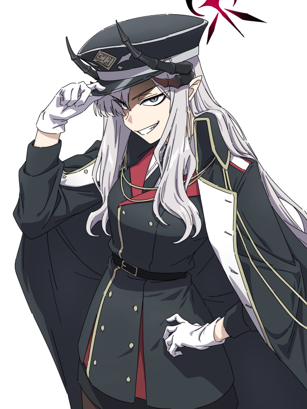 1girl black_coat black_hat black_horns black_jacket blue_archive brilliantko coat coat_on_shoulders gloves grey_hair grin hair_between_eyes halo hand_on_headwear hat horns jacket long_hair long_sleeves looking_at_viewer makoto_(blue_archive) military_uniform multiple_horns peaked_cap pointy_ears simple_background smile solo uniform very_long_hair white_background white_gloves