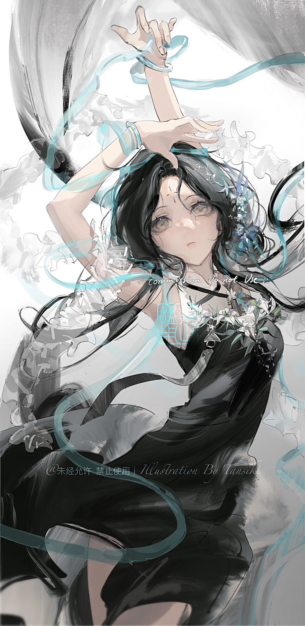 1girl arms_up artist_name bare_arms black_dress black_hair blue_ribbon bracelet commission cowboy_shot dress facial_mark forehead_mark highres jewelry long_hair looking_at_viewer original parted_bangs ribbon sleeveless solo standing tansiki watermark white_background