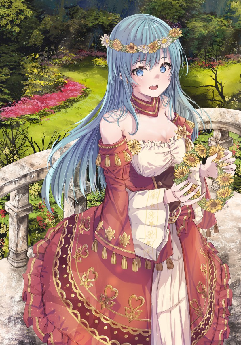 1girl :d aqua_eyes aqua_hair bare_shoulders breasts cleavage commission detached_sleeves dress eirika_(fire_emblem) eirika_(valentine)_(fire_emblem) eyelashes fire_emblem fire_emblem:_the_sacred_stones fire_emblem_heroes flower flower_necklace fuussu_(21-kazin) hair_flower hair_ornament highres holding holding_flower long_hair long_sleeves looking_at_viewer official_alternate_costume open_mouth outdoors red_dress skeb_commission smile solo teeth upper_teeth_only wide_sleeves