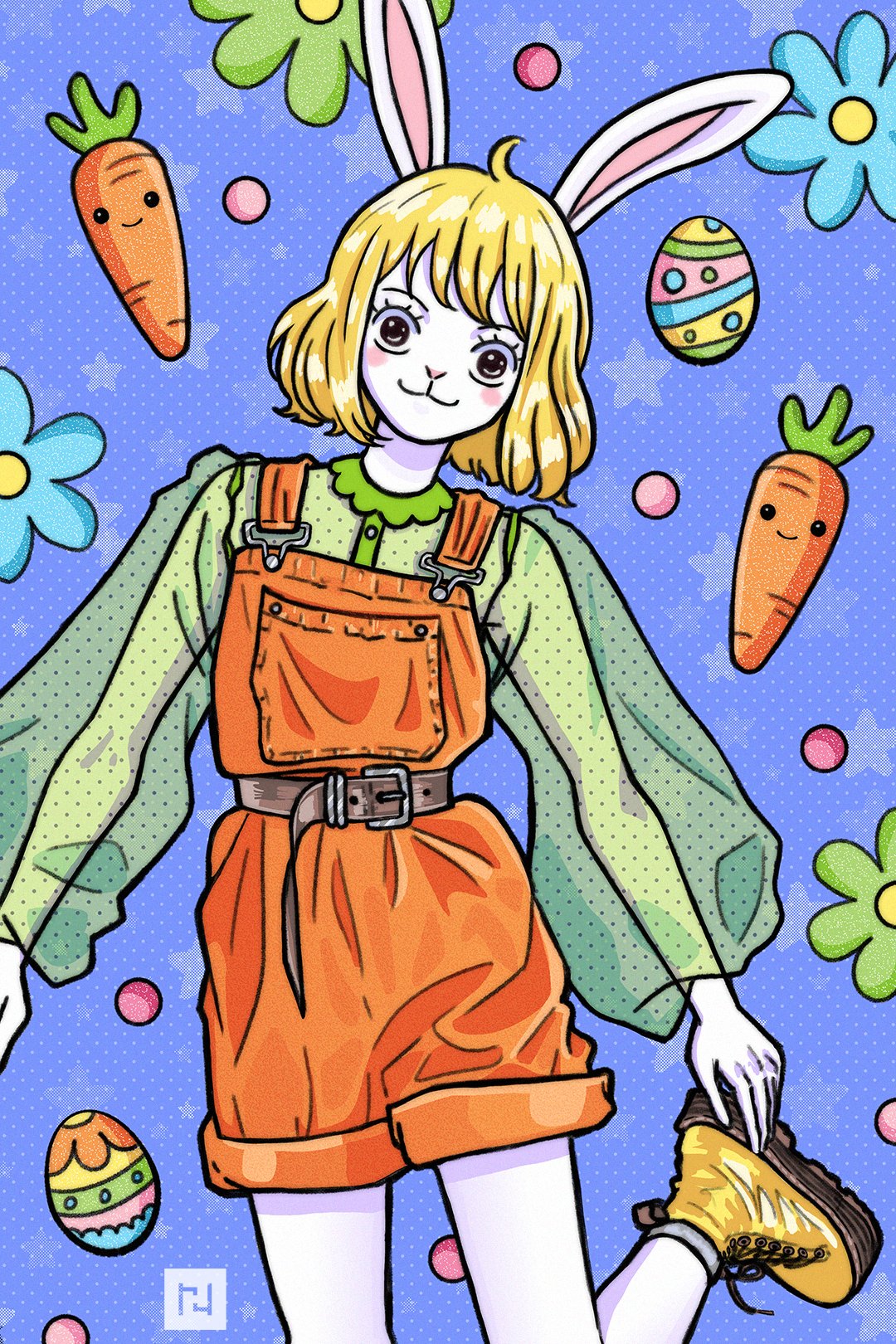 1girl :3 animal_ears blonde_hair blue_background blush_stickers carrot carrot_(one_piece) cowboy_shot easter_egg egg flower highres looking_at_viewer one_piece orange_overalls overalls rabbit_ears rabbit_girl rawneth see-through see-through_sleeves short_hair solo yellow_footwear