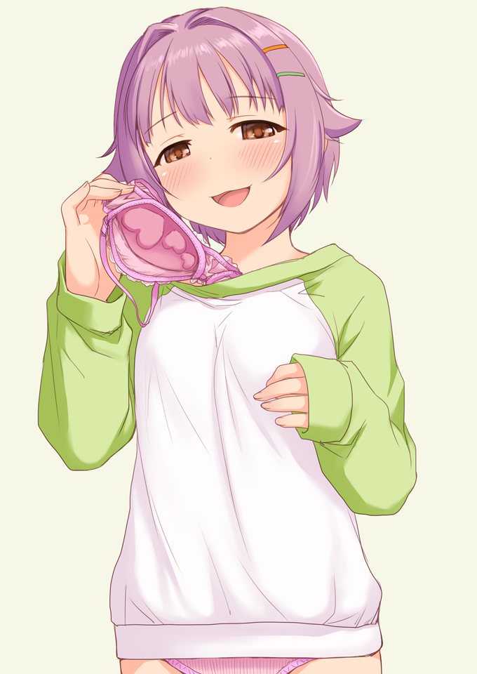 1girl blush bra breasts commentary_request cowboy_shot idolmaster idolmaster_cinderella_girls koshimizu_sachiko looking_at_viewer no_pants panties pink_bra pink_panties purple_hair raglan_sleeves removing_bra sakaki_imasato short_hair small_breasts smile solo underwear